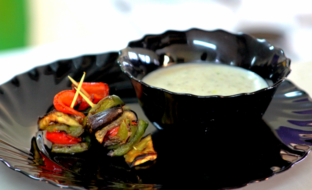 Roasted Skewered Veg with Chick Pea & Cow Pea Dip