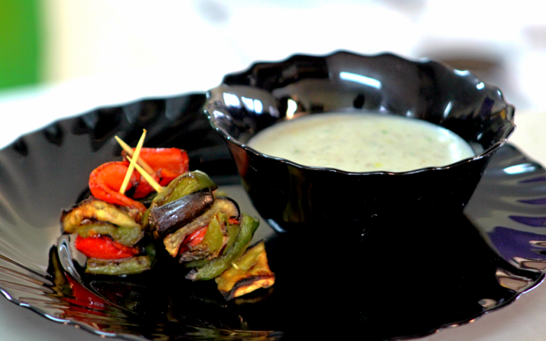 Roasted Skewered Veg with Chick Pea & Cow Pea Dip