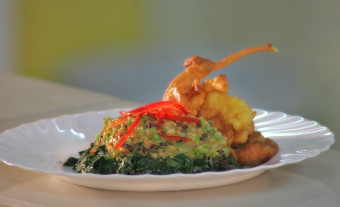 Fritters with Sorghum Veg Stew on a Bed of Kales