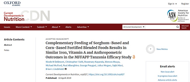 Complementary Feeding of Sorghum-Based and Corn-Based Fortified Blended Foods Results in Similar Iron, Vitamin A and Anthropometric Outcomes in the MFFAPP Tanzania Efficacy Study