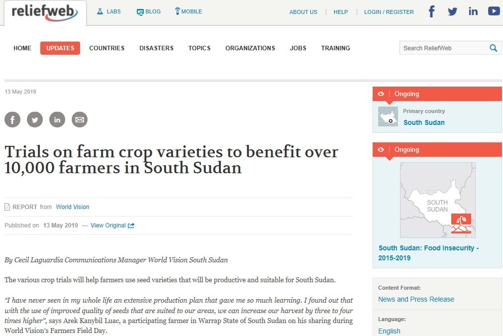Trials on farm crop varieties to benefit over 10,000 farmers in South Sudan