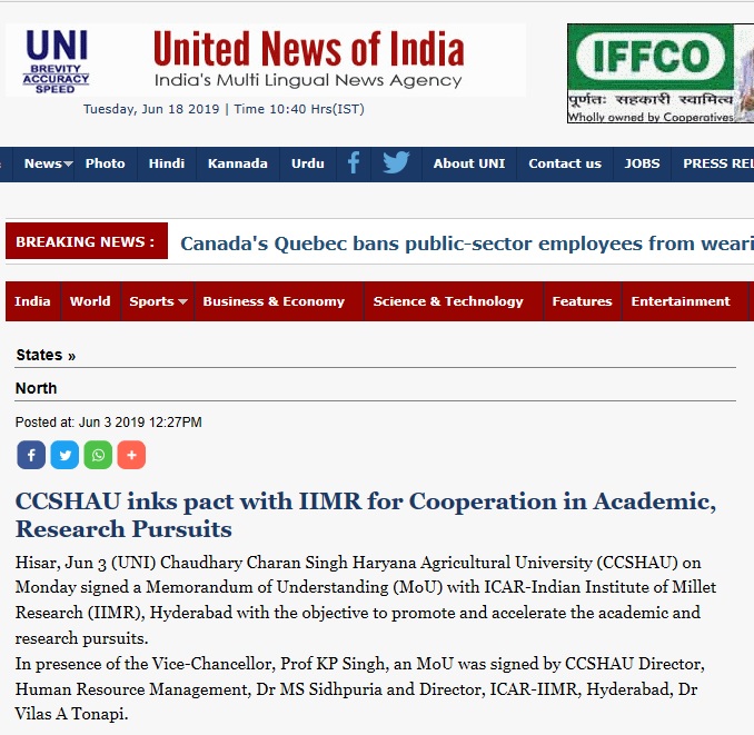 CCSHAU inks pact with IIMR for cooperation in Academic Research Pursuits