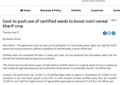 Govt to push use of certified seeds to boost nutri-cereal kharif crop