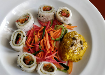 Millet Sushi made with Barnyard Millet and Tapioca pearls with Pumpkin Pineapple Dip