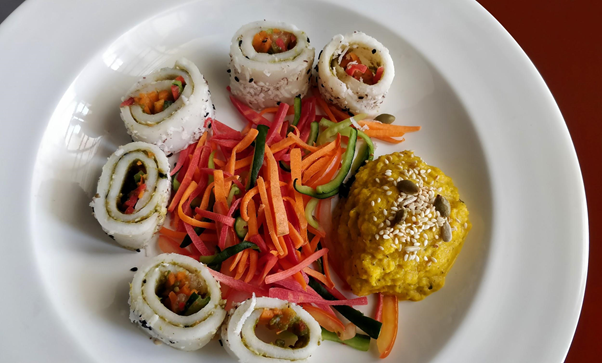 Millet Sushi made with Barnyard Millet and Tapioca pearls with Pumpkin Pineapple Dip