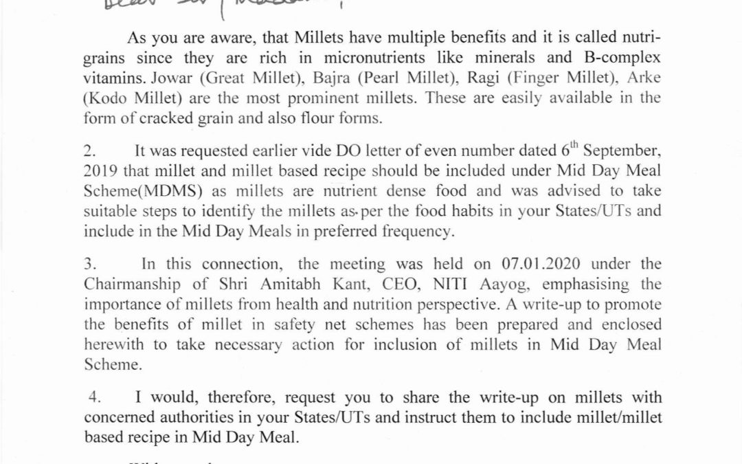 Govt. of India, Ministry of HRD, Department of School Education & Literacy shares a write up on the benefits of millets in safety net schemes and how to include in mid-day meal schemes