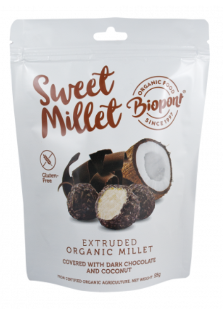 Extruded Millet Ball Covered with Dark Chocolate and Coconut